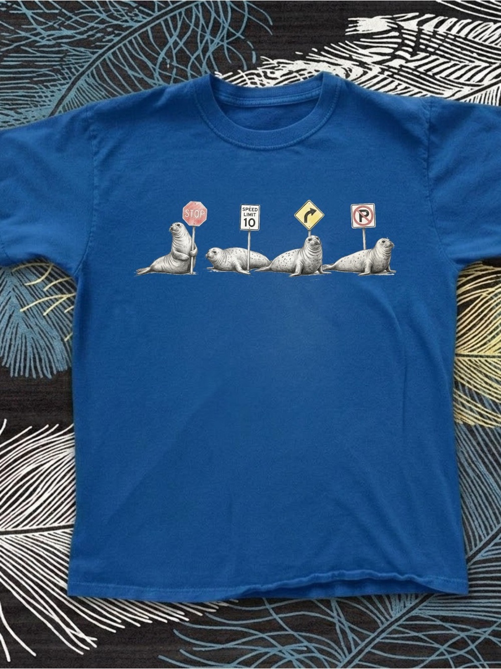 Gildan Blue Graphic Tee with Seal Traffic Sign Design